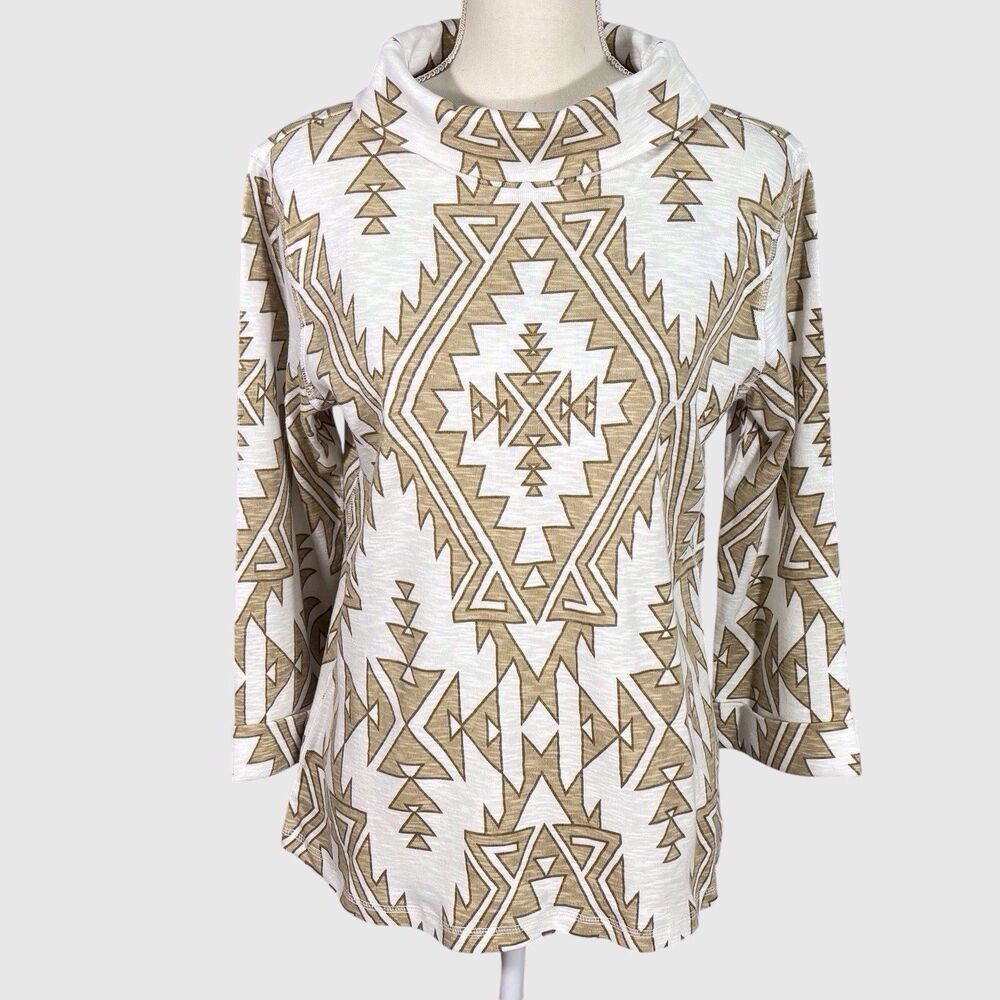 Pendleton Cowl Neck Top Womens Large Khaki Beige & White Aztec Print Western NWT